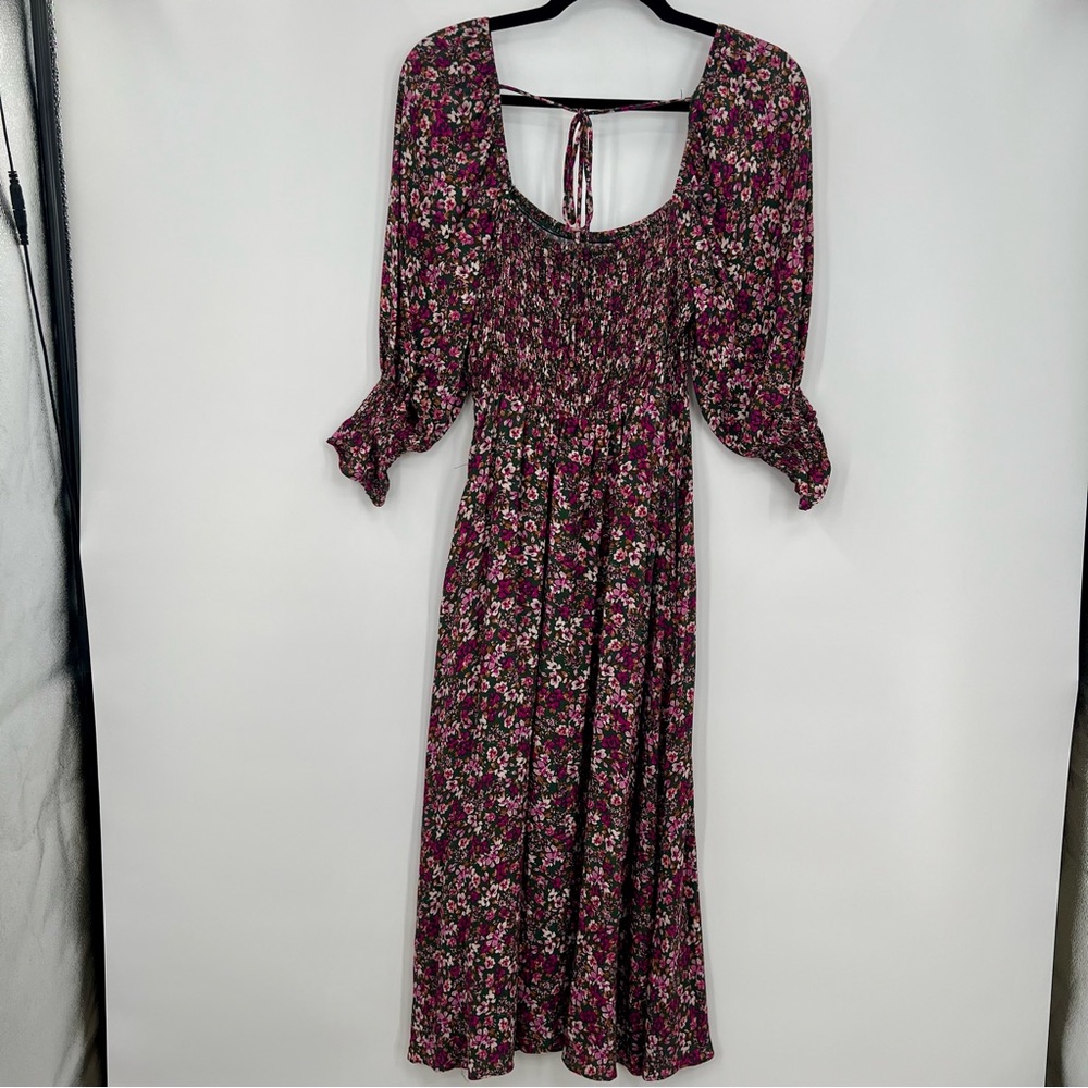 Lucy Paris Evelyn Floral Dress Green Floral Smocked Puff Sleeve M Cinched Waist - Picture 6 of 8